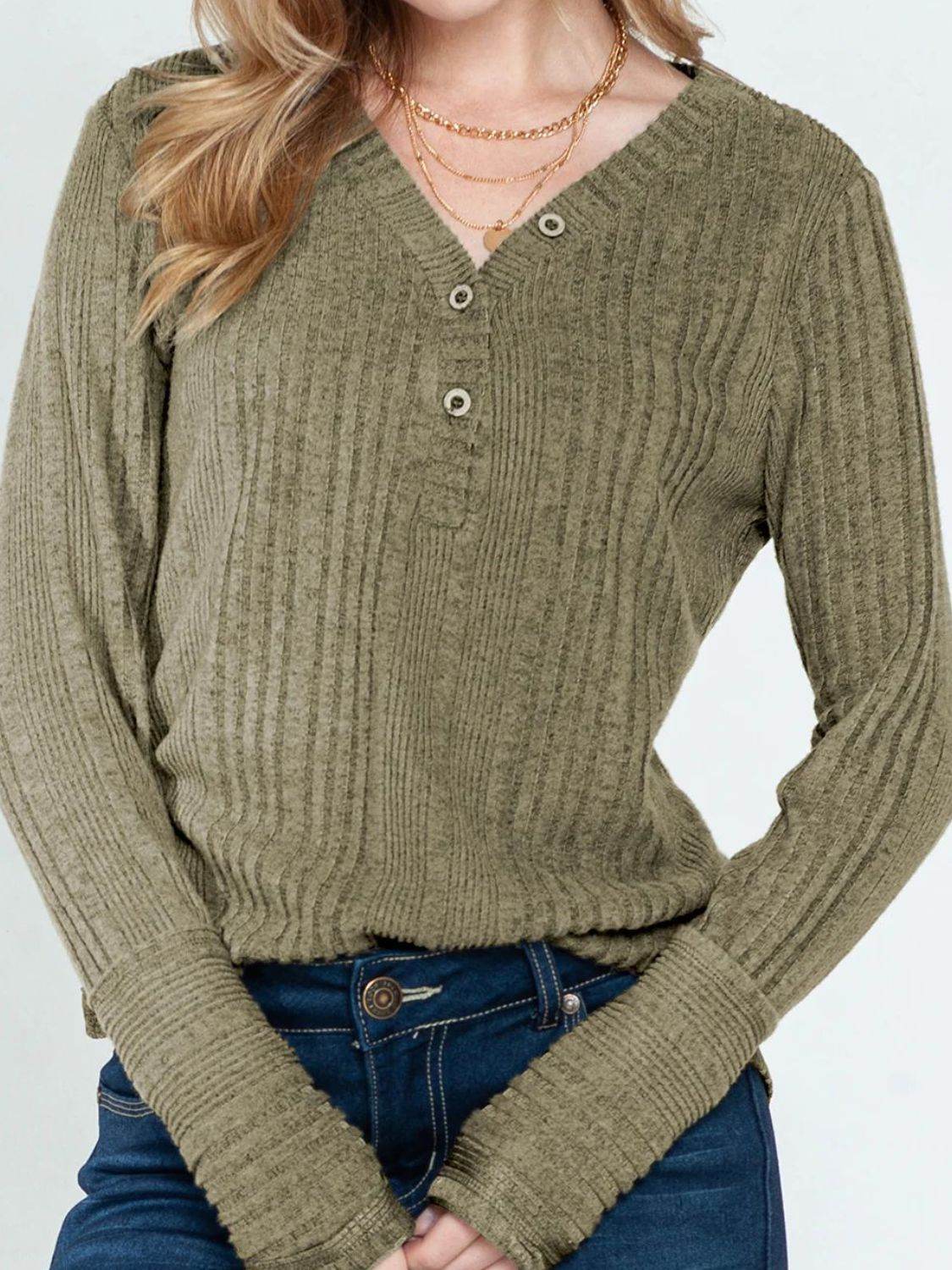 Textured V-Neck Long Sleeve T-Shirt - Amexza