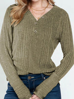 Textured V-Neck Long Sleeve T-Shirt - Amexza