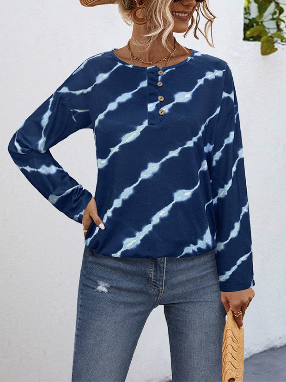 Striped Round Neck Long Sleeve T-Shirt Peacock Blue for a perfect OOTD – dress to impress outfits from Amexza