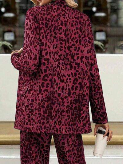 Full Size Leopard Lapel Collar Long Sleeve Blazer and Pants Set - Amexza