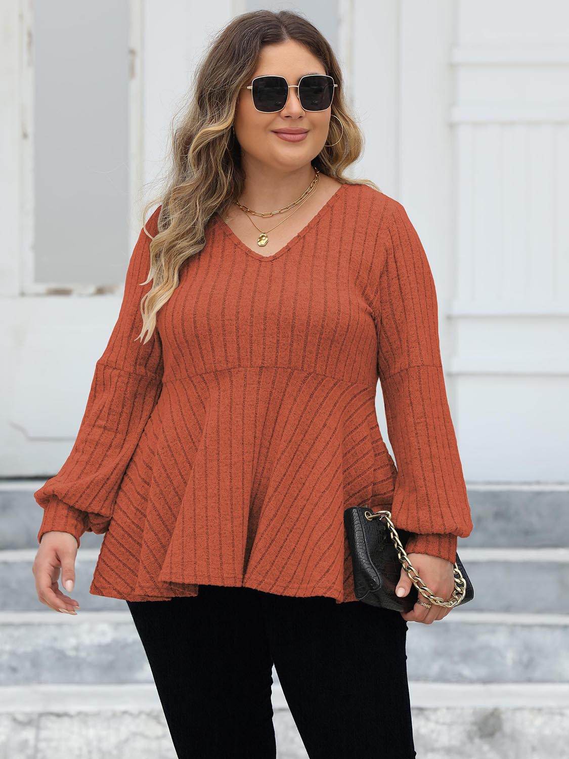 Plus Size Ribbed V-Neck Long Sleeve Blouse Red Orange for a perfect OOTD – dress to impress outfits from Amexza