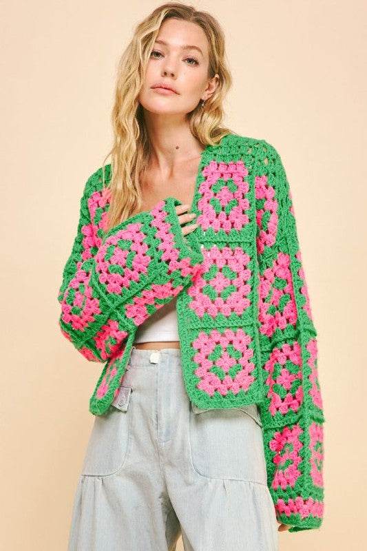 Davi & Dani Full Size Two Tone Flower Square Crochet Open Front Cardigan - Amexza