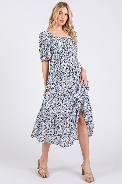 Ces Femme Floral Square Neck Puff Sleeve Midi Dress Pastel Blue for a perfect OOTD – dress to impress outfits from Amexza