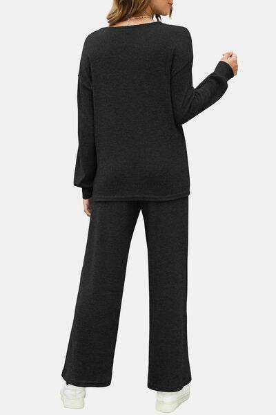 Round Neck Long Sleeve Top and Pants Set Dark Gray for a perfect OOTD – dress to impress outfits from Amexza