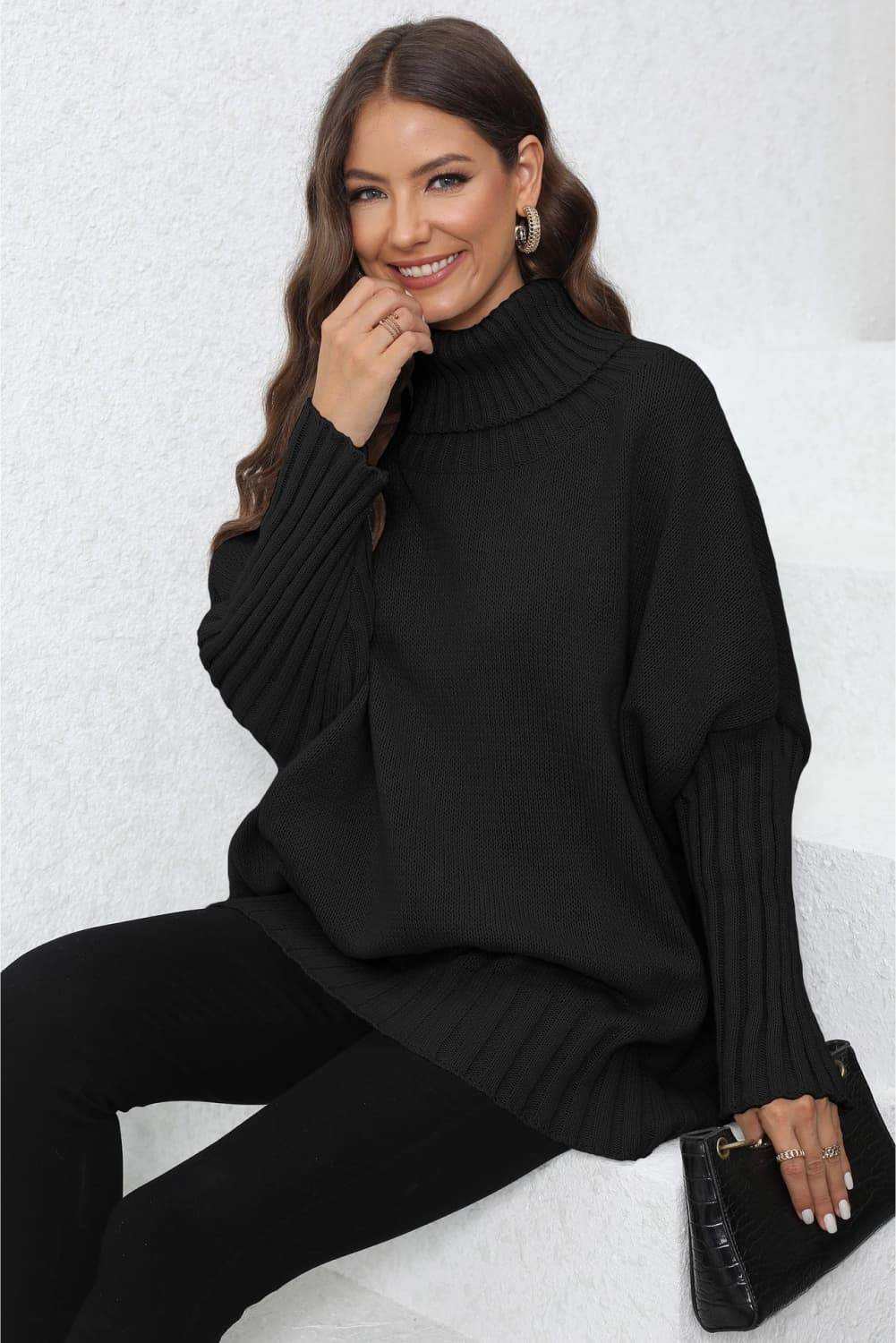 Turtle Neck Long Sleeve Ribbed Sweater - Amexza