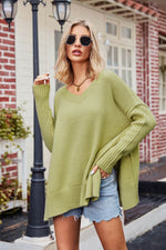 V-Neck Slit Exposed Seam Sweater Lime for a perfect OOTD – dress to impress outfits from Amexza