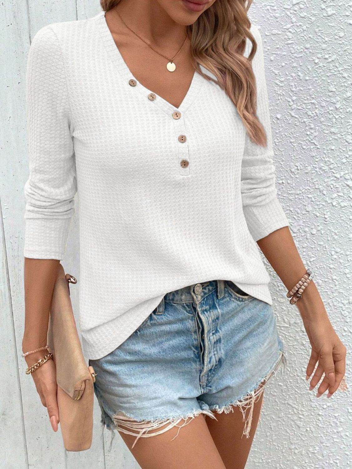 Waffle-Knit V-Neck Long Sleeve Top White for a perfect OOTD – dress to impress outfits from Amexza