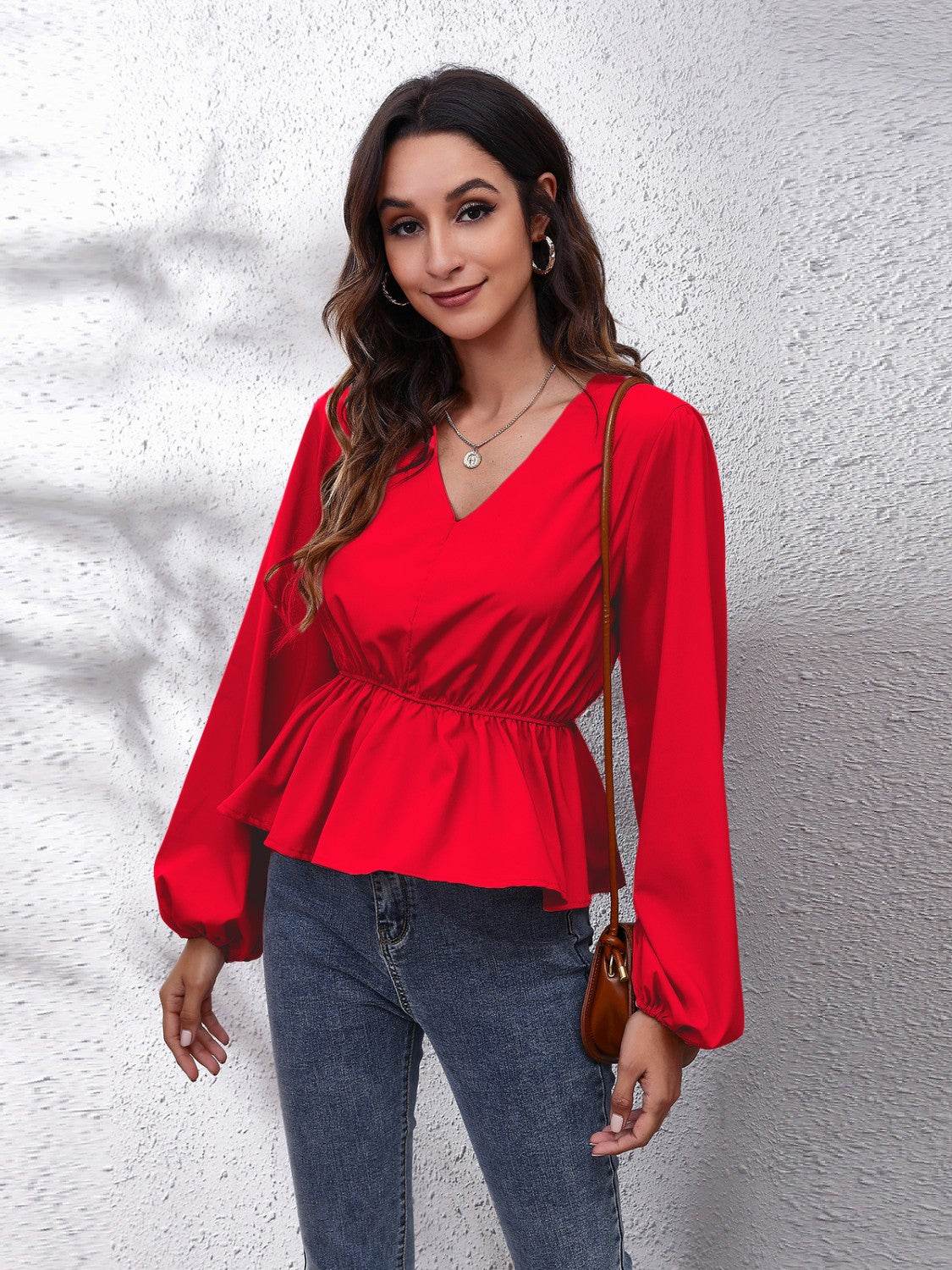 V-Neck Balloon Sleeve Peplum Blouse Deep Red for a perfect OOTD – dress to impress outfits from Amexza