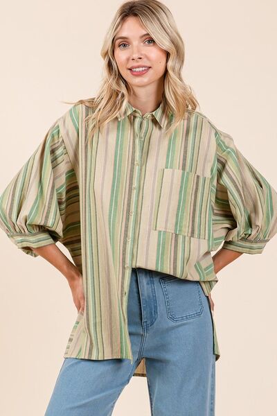 Mittoshop Striped Bubble Sleeve Button Down Shirt for a perfect OOTD – dress to impress outfits from Amexza