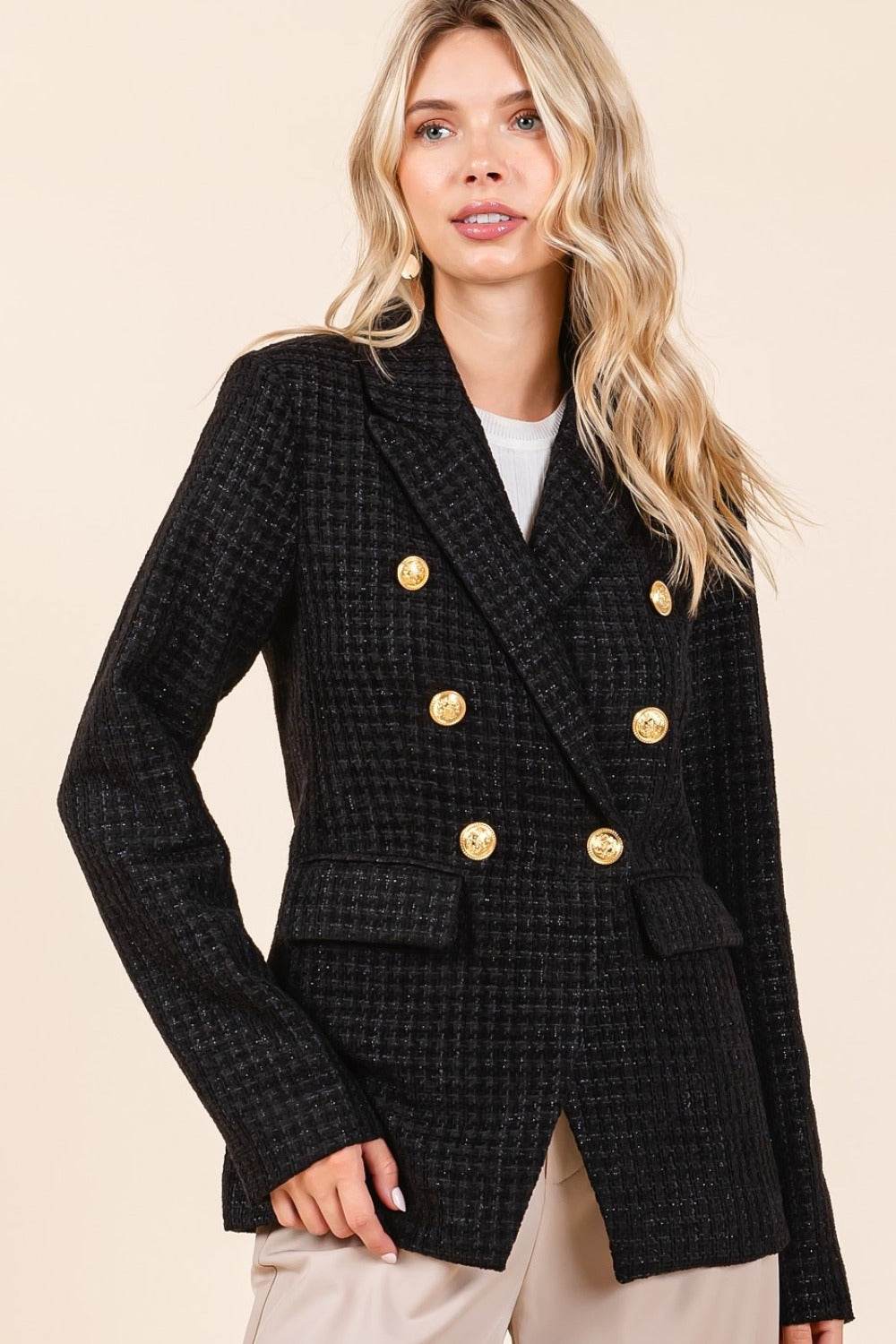 Mittoshop Plaid Texture Double-Breasted Long Sleeve Blazer Black for a perfect OOTD – dress to impress outfits from Amexza