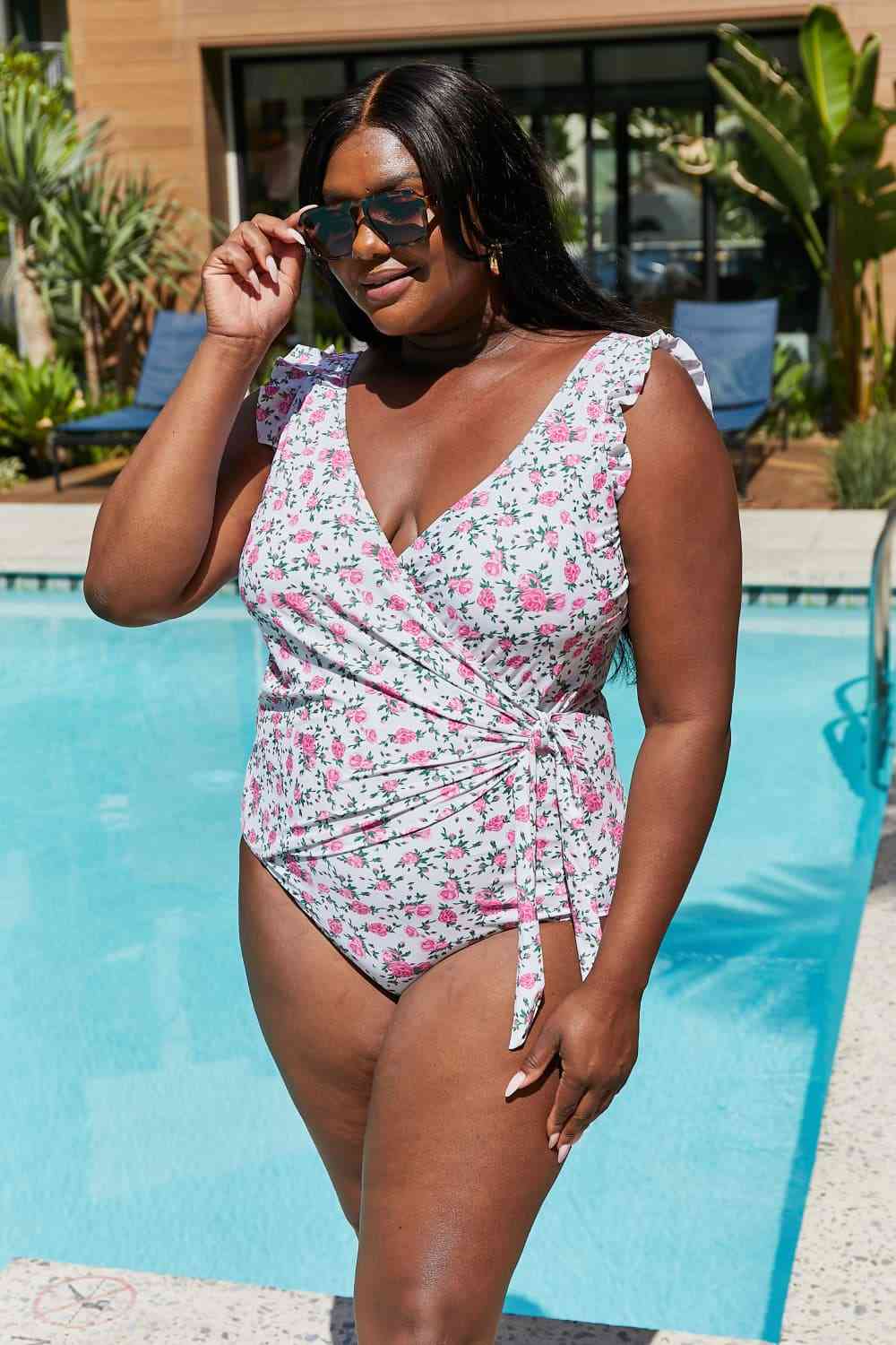 Marina West Swim Full Size Float On Ruffle Faux Wrap One-Piece in Roses Off-White for a perfect OOTD – dress to impress outfits from Amexza