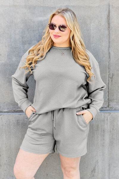 Double Take Full Size Texture Long Sleeve Top and Drawstring Shorts Set for a perfect OOTD – dress to impress outfits from Amexza