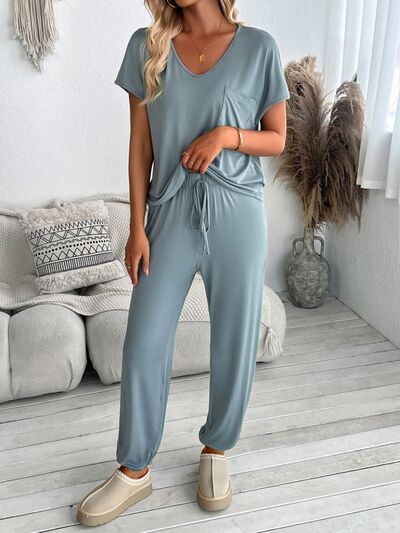 Devine V-Neck Short Sleeve Top and Pants Set for a perfect OOTD – dress to impress outfits from Amexza