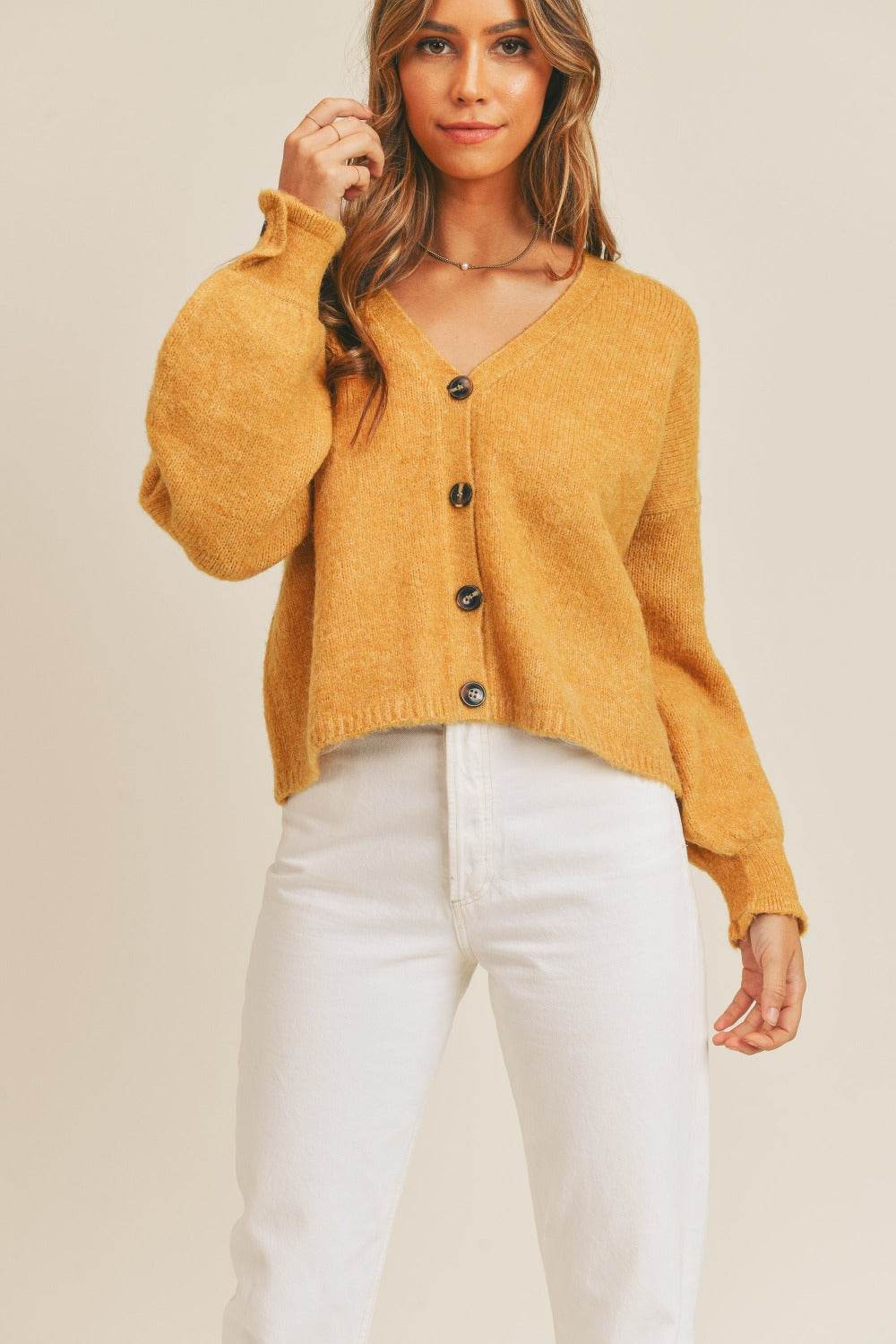 MABLE Long Sleeve Button Down Sweater Cardigan Mustard for a perfect OOTD – dress to impress outfits from Amexza