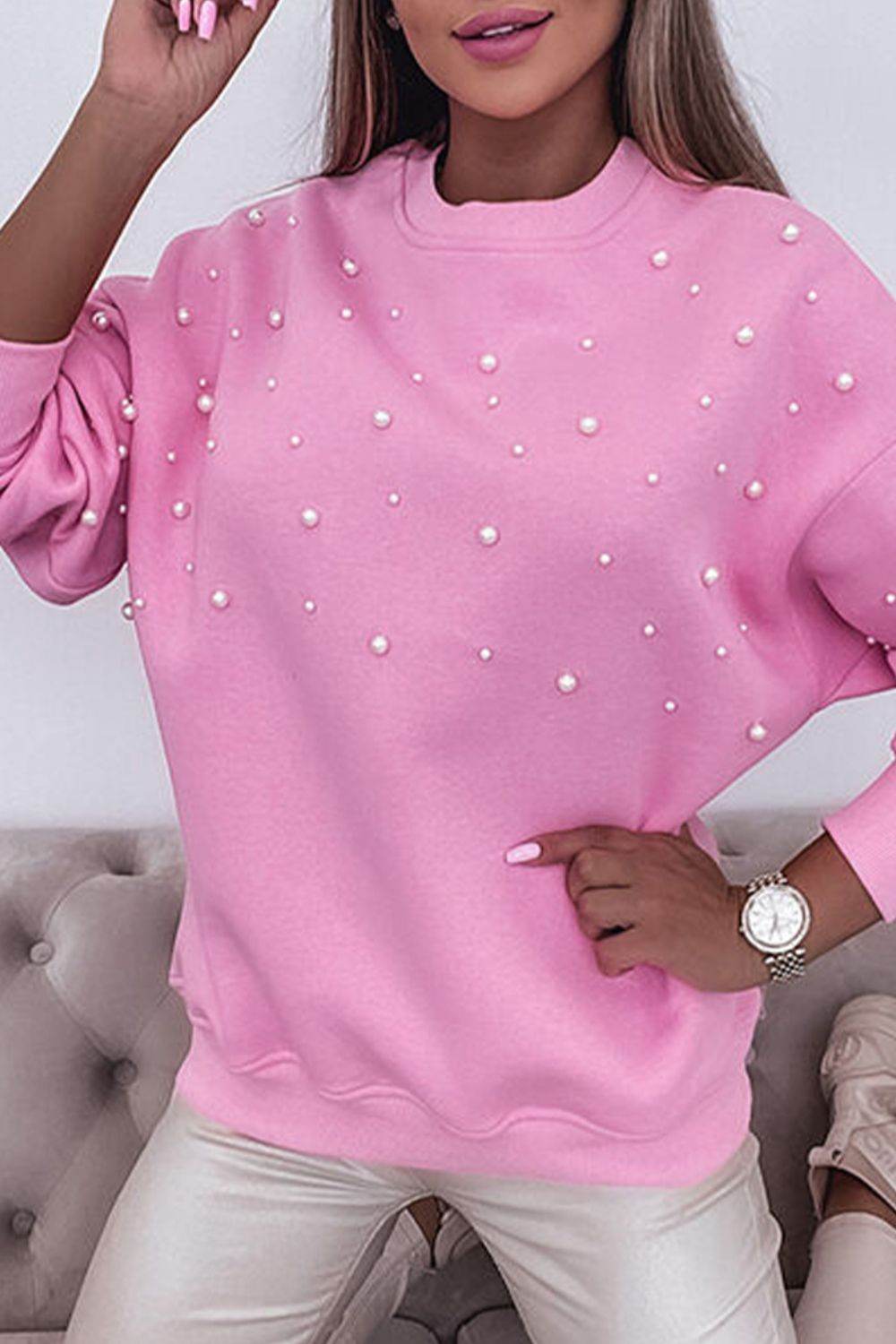 Pearl Detail Ribbed Round Neck Sweatshirt - Amexza