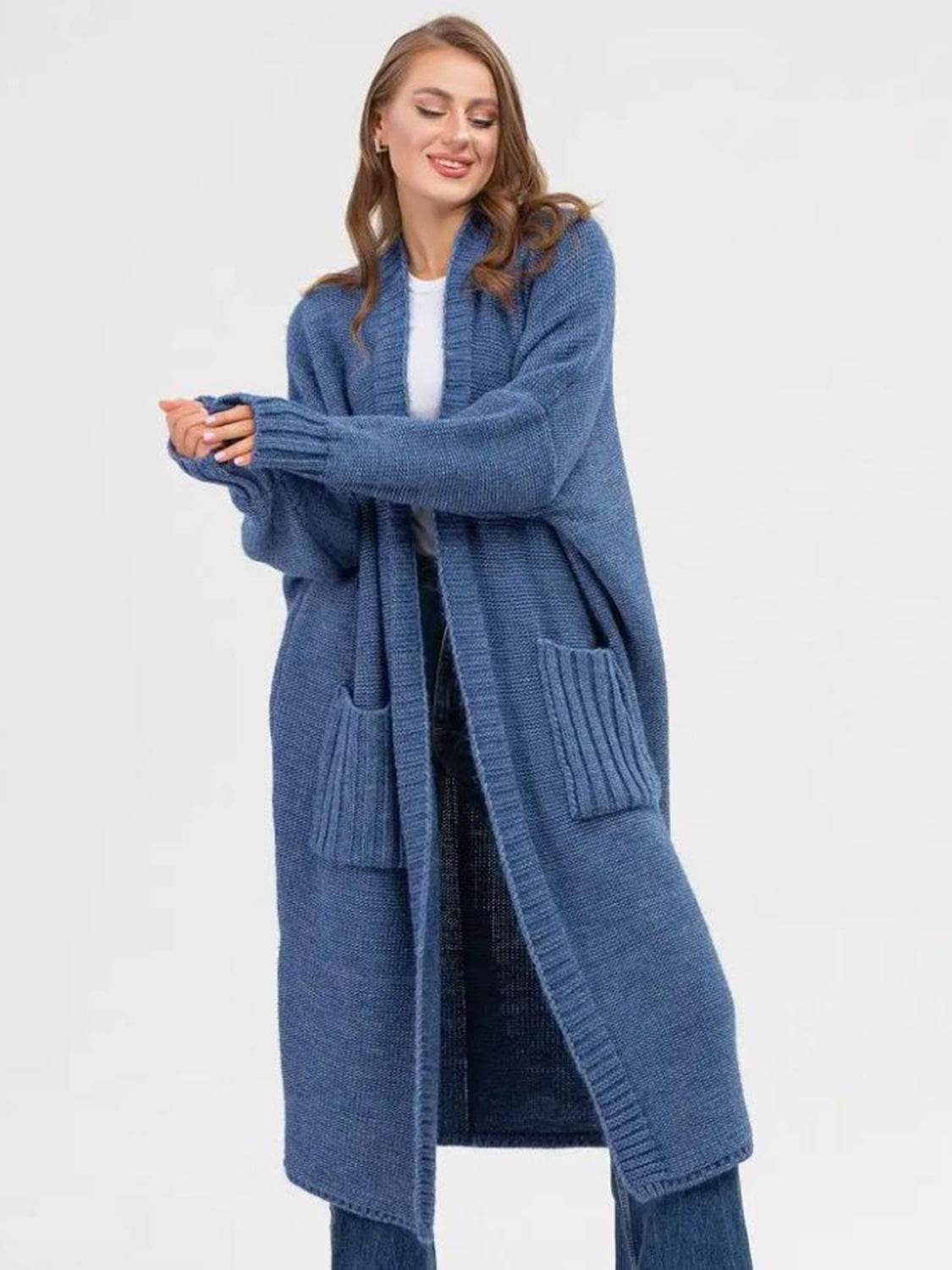 Pocketed Open Front Long Sleeve Longline Cardigan - Amexza