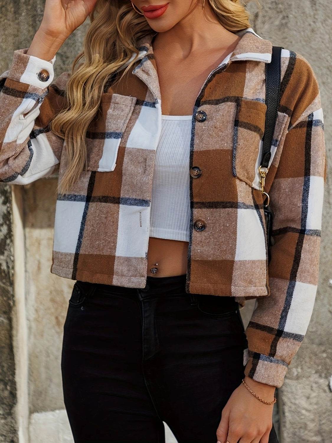 Plaid Collared Neck Cropped Jacket Caramel for a perfect OOTD – dress to impress outfits from Amexza