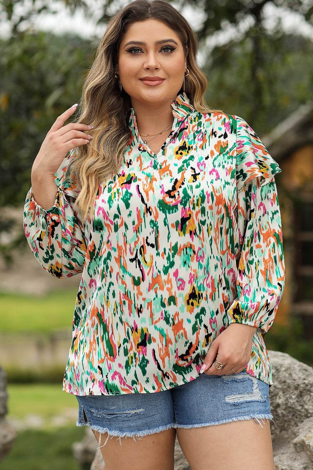 Plus Size Printed Ruffle Trim Long Sleeve Blouse Multicolor for a perfect OOTD – dress to impress outfits from Amexza