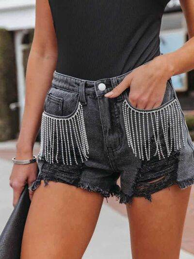 Distressed Fringe Denim Shorts with Pockets - Amexza