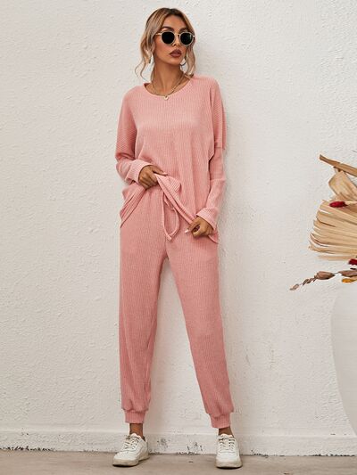 Full Size Round Neck Dropped Shoulder Top and Joggers Lounge Set Watermelon pink for a perfect OOTD – dress to impress outfits from Amexza