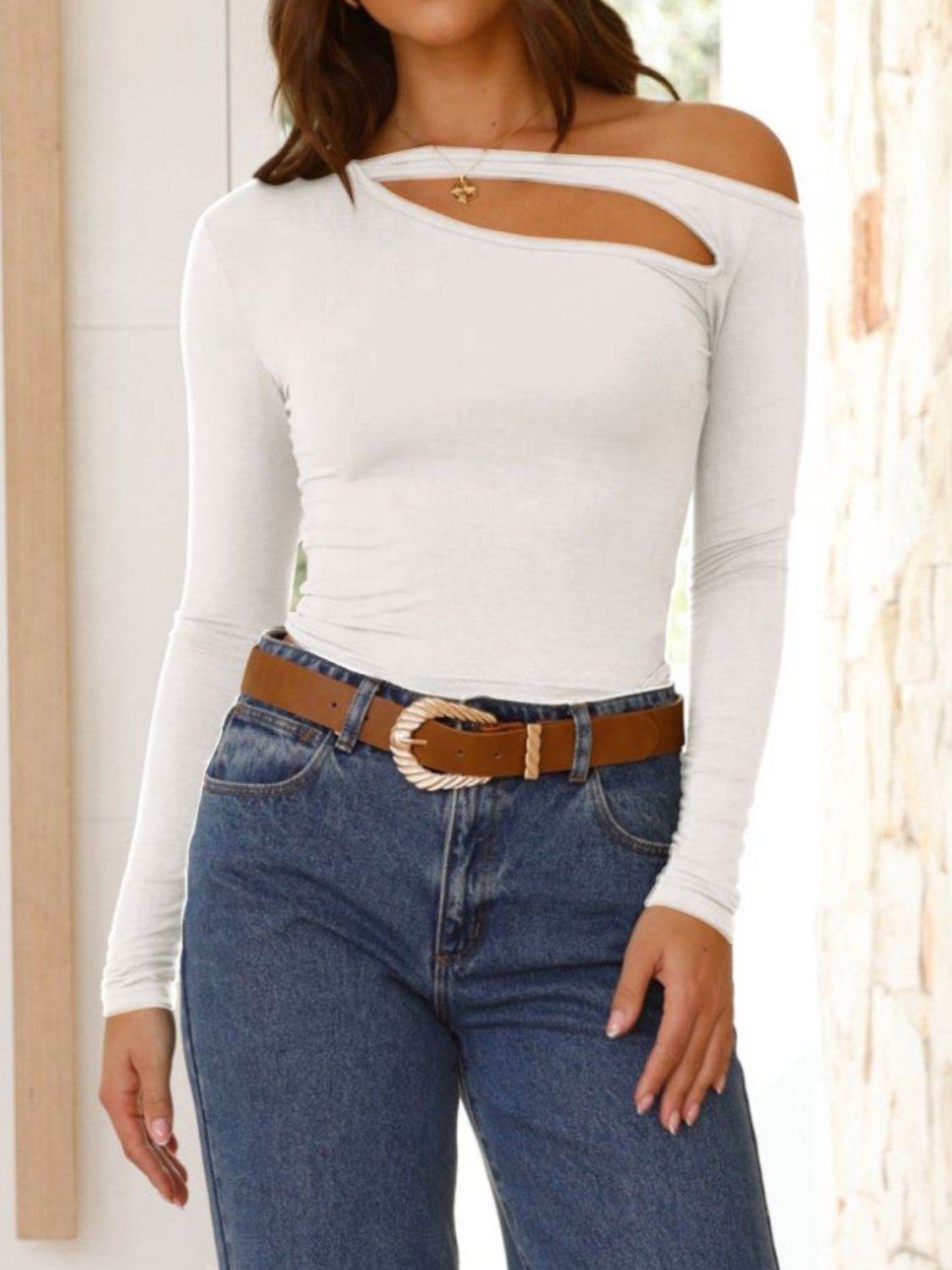 Cutout Asymmetrical Neck Long Sleeve T-Shirt White for a perfect OOTD – dress to impress outfits from Amexza