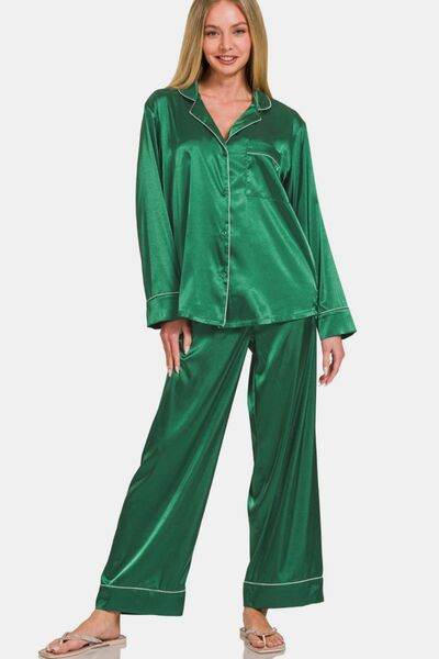 Zenana Satin Long Sleeve Shirt and Pants Pajama Set Hunter Green for a perfect OOTD – dress to impress outfits from Amexza