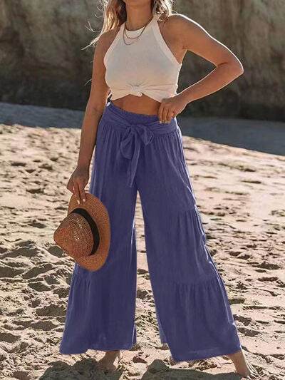 Tied Ruched Wide Leg Pants - Amexza