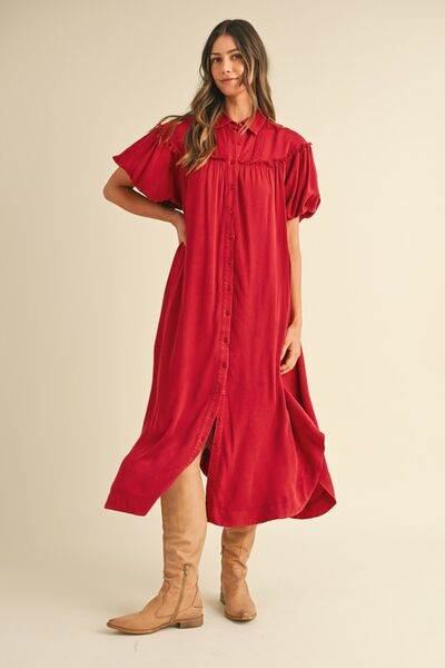 Annie Wear Mineral Washed Button Down Puff Sleeve Shirt Dress Deep Red for a perfect OOTD – dress to impress outfits from Amexza