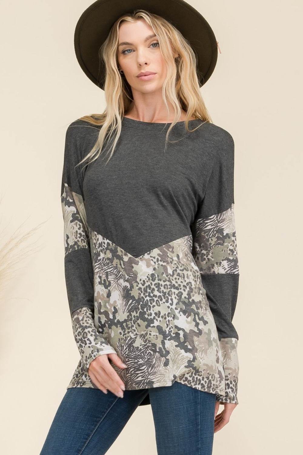 Celeste Full Size Mixed Animal Print Contrast Long Sleeve T-Shirt Charcoal for a perfect OOTD – dress to impress outfits from Amexza