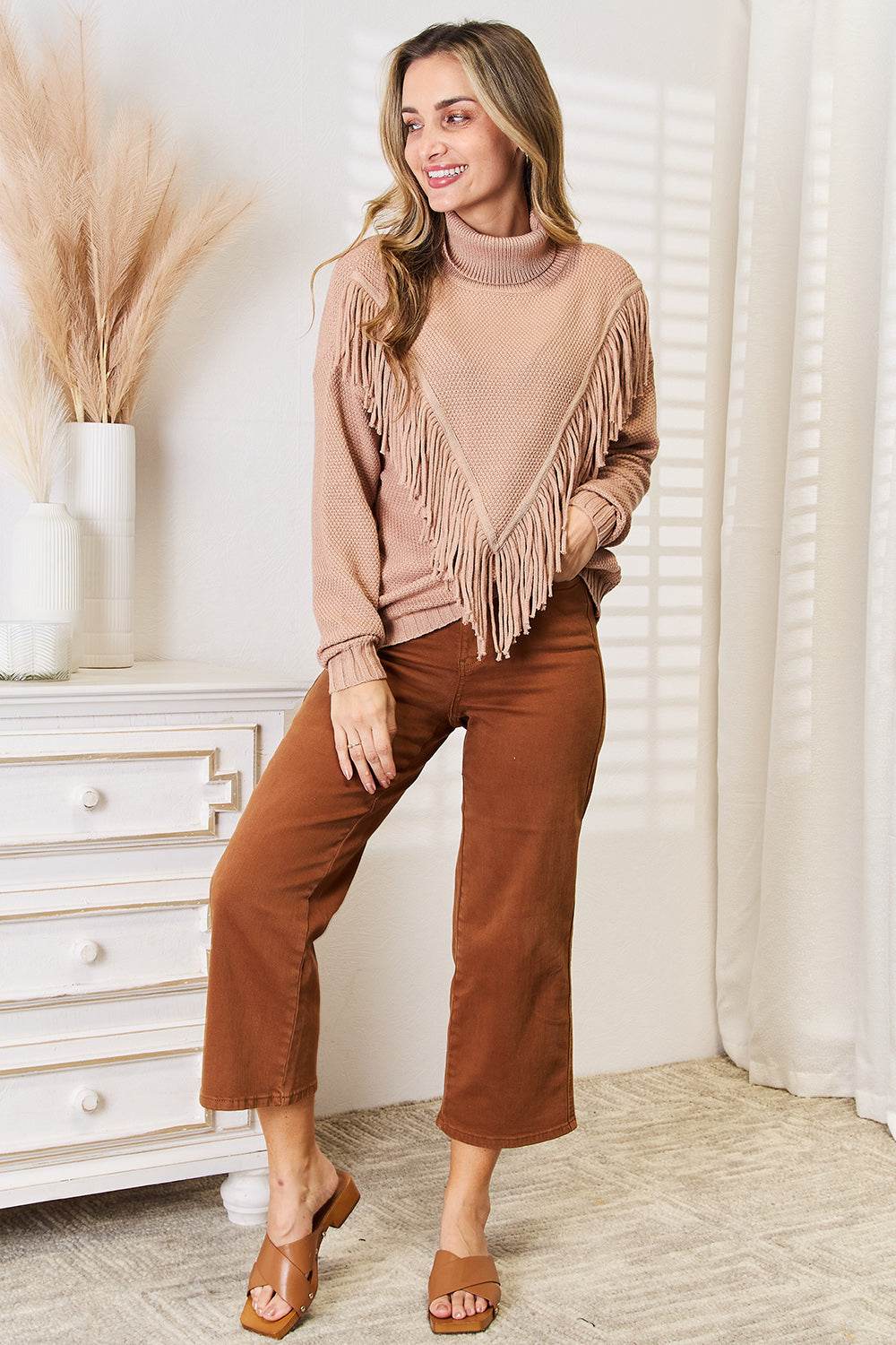 Woven Right Turtleneck Fringe Front Long Sleeve Sweater for a perfect OOTD – dress to impress outfits from Amexza