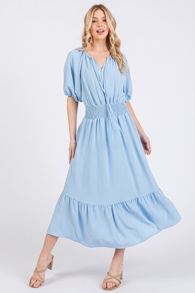 Ces Femme Smocked Elastic Waist Tie Neck Puff Sleeve Dress Blue for a perfect OOTD – dress to impress outfits from Amexza