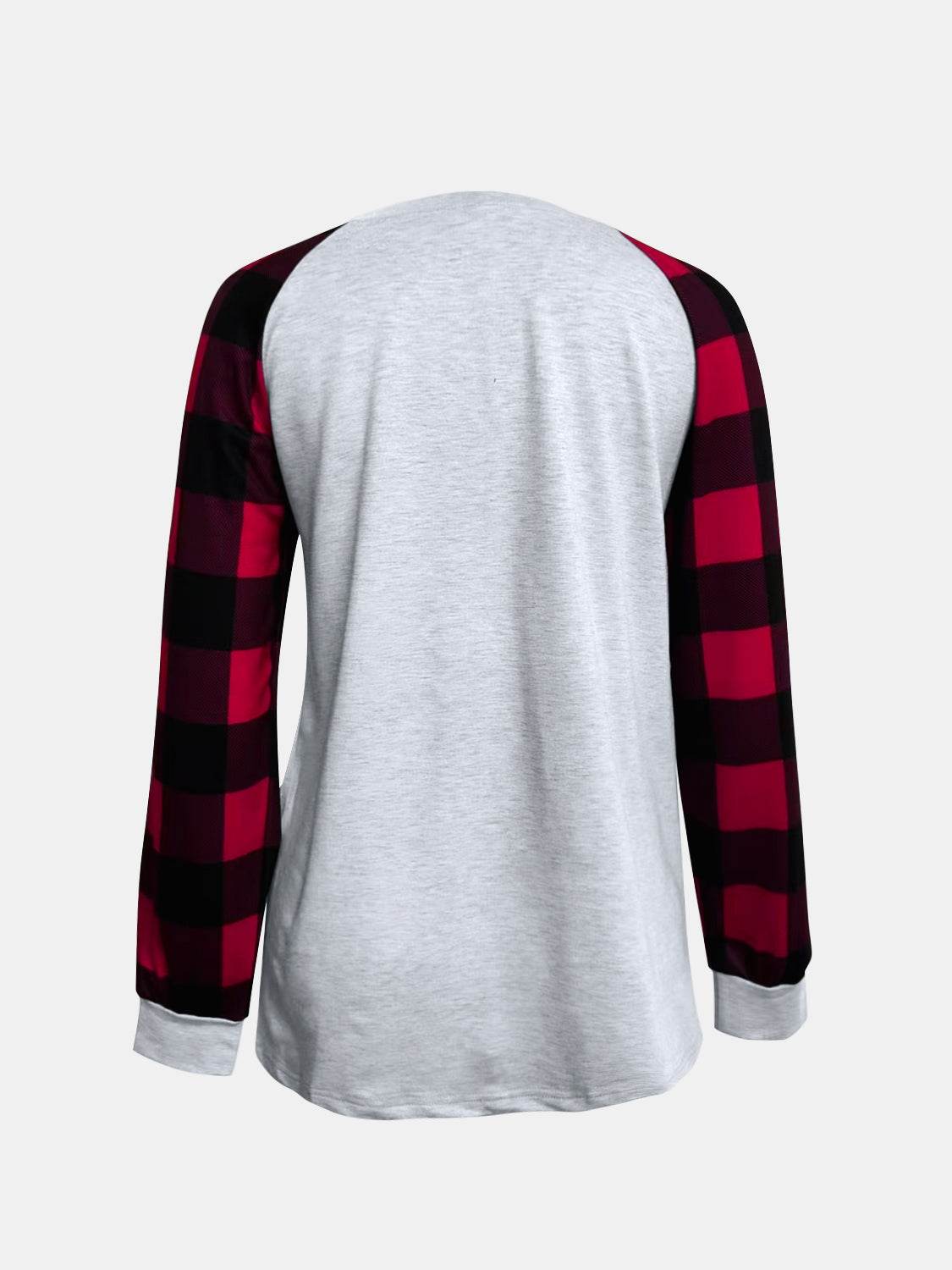 Full Size Graphic Plaid Round Neck Long Sleeve T-Shirt for a perfect OOTD – dress to impress outfits from Amexza