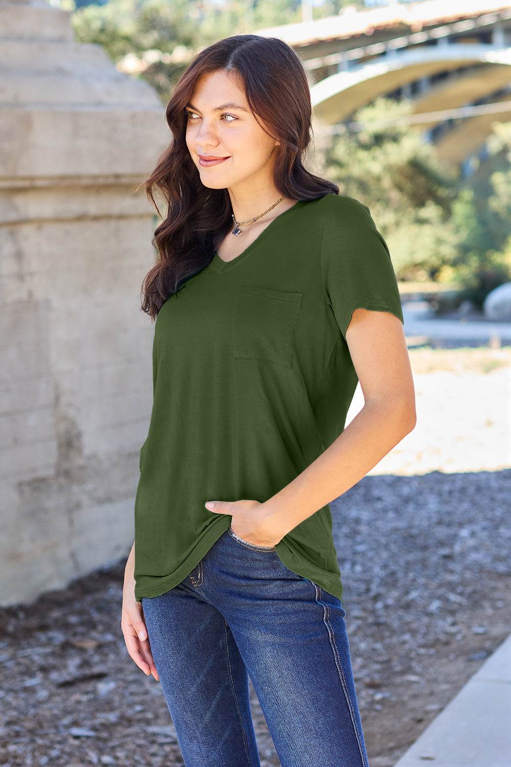 Basic Bae Full Size V-Neck Short Sleeve T-Shirt Matcha Green for a perfect OOTD – dress to impress outfits from Amexza