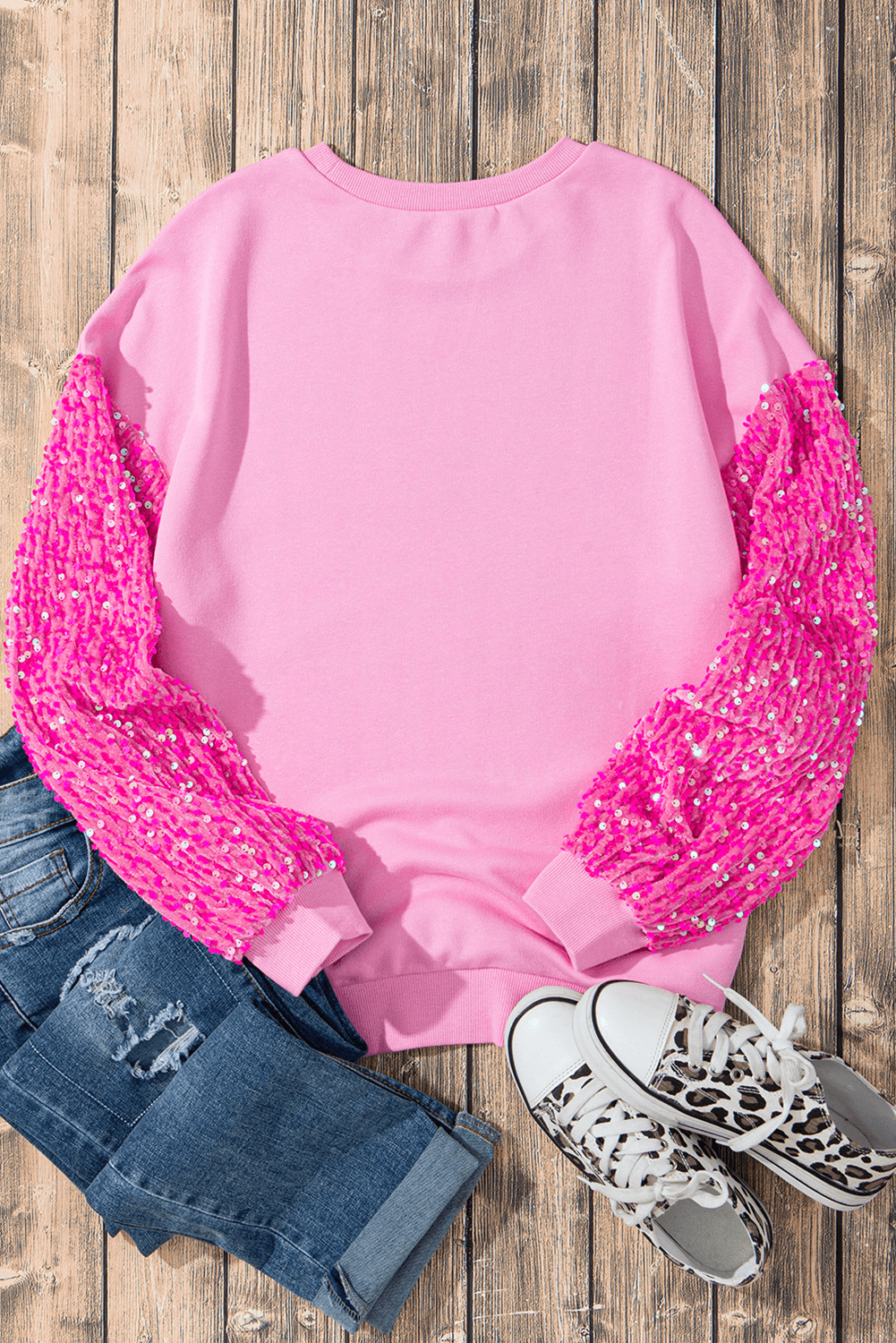 Valentine’s Day Sequin Heart Long Sleeve Sweatshirt - Amexza