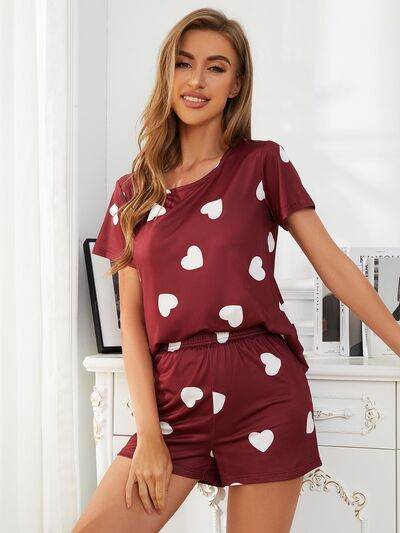 Heart Round Neck Top and Shorts Lounge Set - Amexza