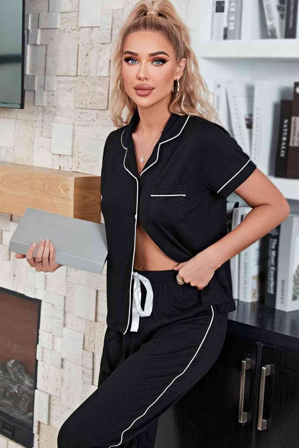 Contrast Piping Short Sleeve Top and Pants Pajama Set for a perfect OOTD – dress to impress outfits from Amexza