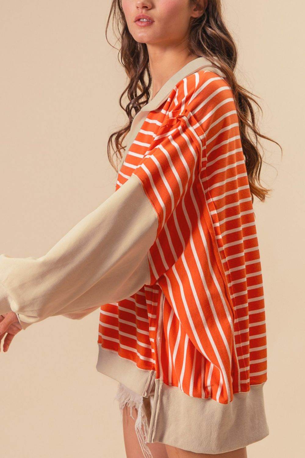 Striped Johnny Collar Long Sleeve Sweatshirt for a perfect OOTD – dress to impress outfits from Amexza