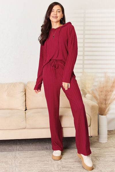 Basic Bae Full Size Ribbed Drawstring Hooded Top and Straight Pants Set Deep Red for a perfect OOTD – dress to impress outfits from Amexza