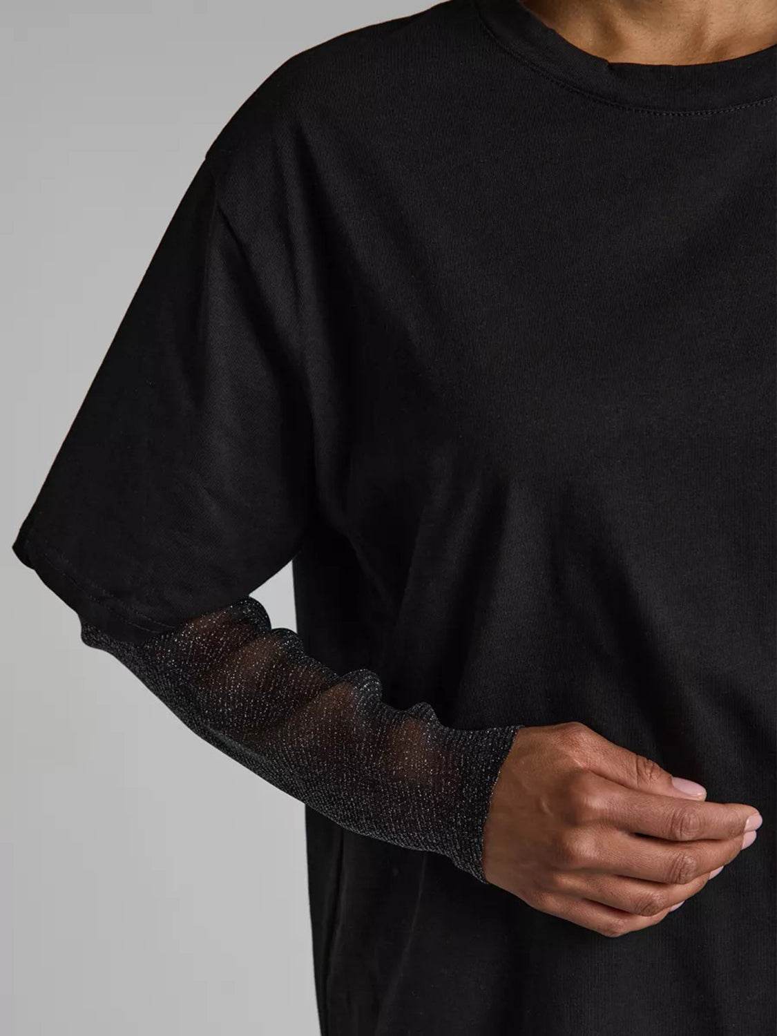 Faux Layered Round Neck Mesh Sleeve Top - Amexza