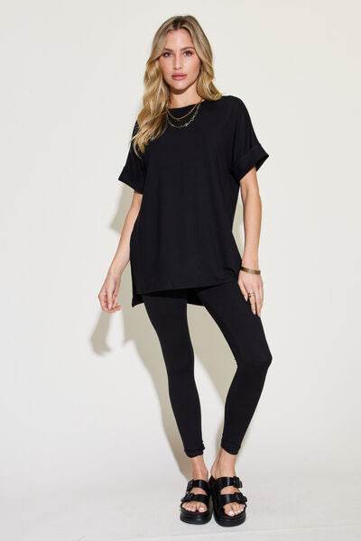 Zenana Plus Size Short Sleeve Slit T-Shirt and Leggings Lounge Set for a perfect OOTD – dress to impress outfits from Amexza