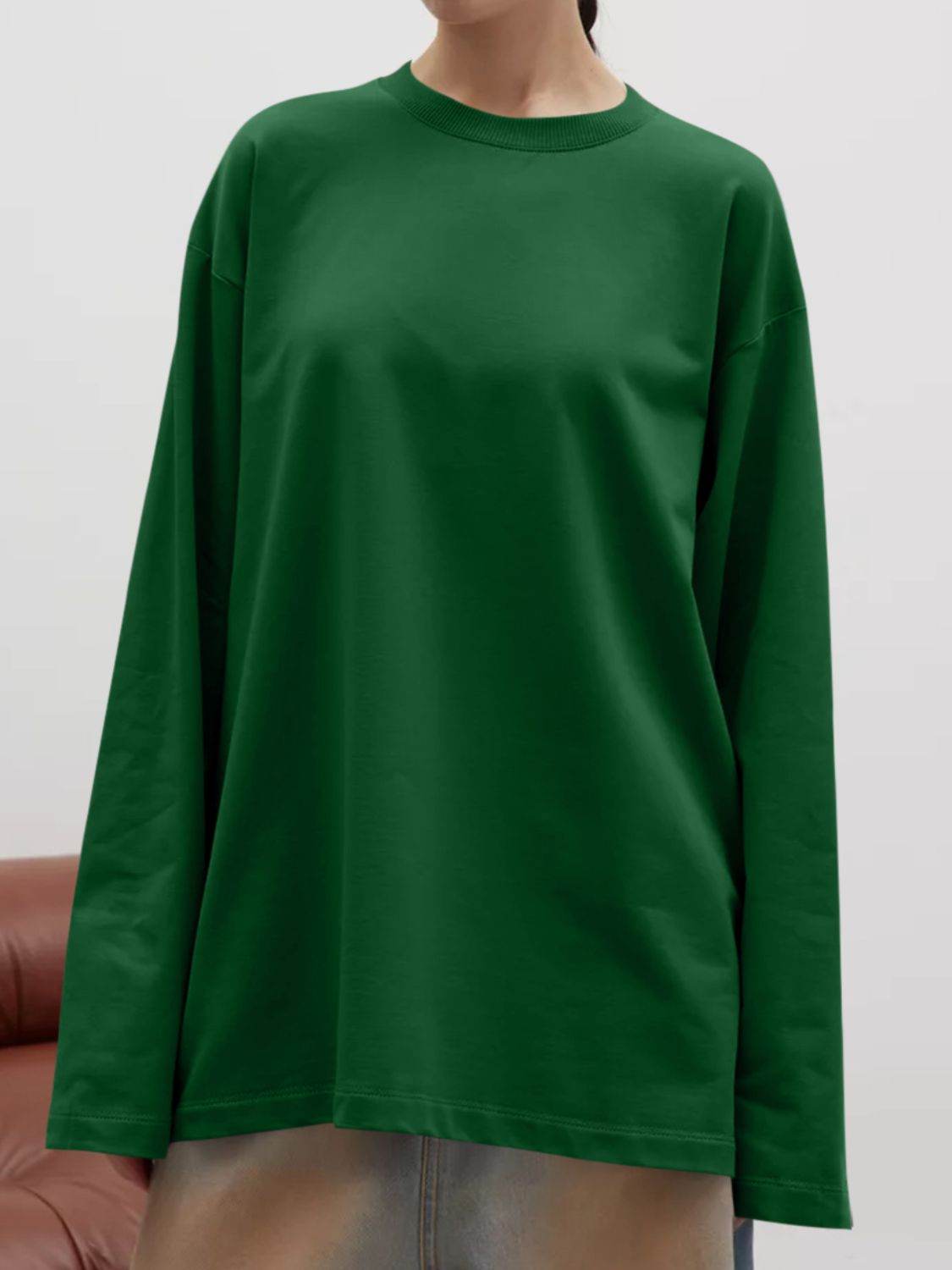 Round Neck Dropped Shoulder Long Sleeve T-Shirt Dark Green for a perfect OOTD – dress to impress outfits from Amexza