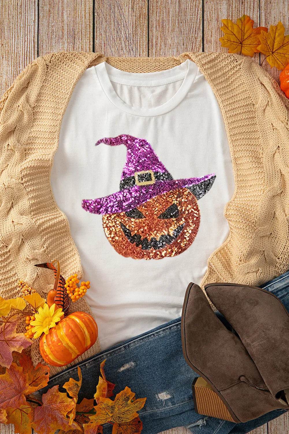 Sequin Pumpkin Round Neck Short Sleeve T-Shirt for a perfect OOTD – dress to impress outfits from Amexza