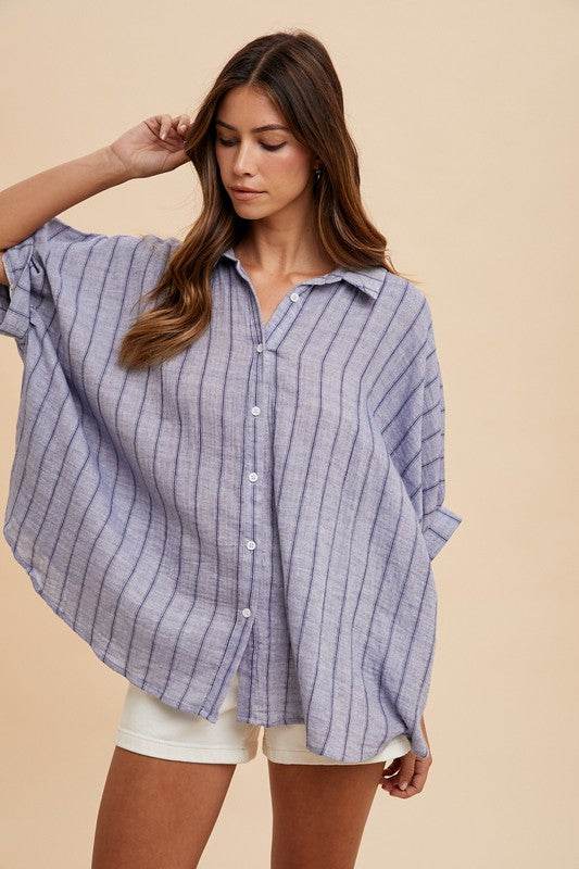 Annie Wear Striped Button Up Half Sleeve Shirt Dusty Blue for a perfect OOTD – dress to impress outfits from Amexza