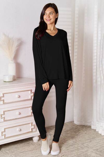 Basic Bae Bamboo Full Size V-Neck Long Sleeve Top and Pants Lounge Set Black for a perfect OOTD – dress to impress outfits from Amexza