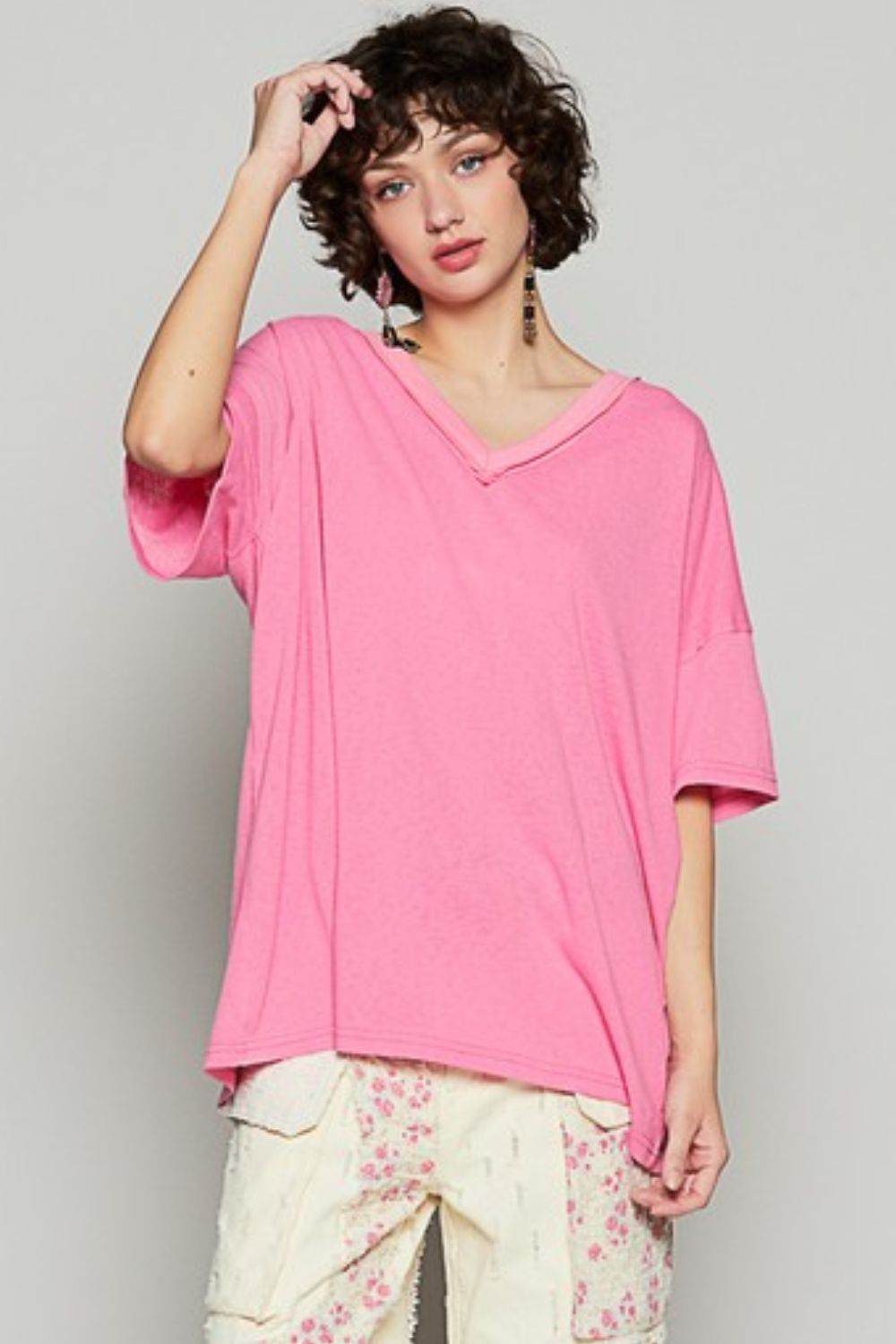 POL V-Neck Half Sleeve T-Shirt Barbie Pink for a perfect OOTD – dress to impress outfits from Amexza