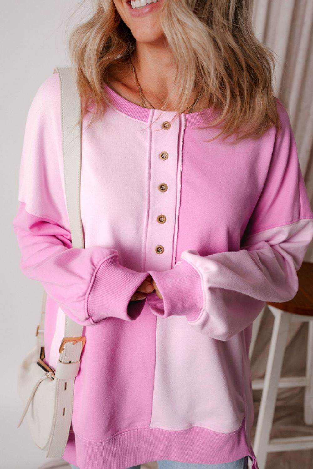 Color Block Half Button Long Sleeve Sweatshirt - Amexza