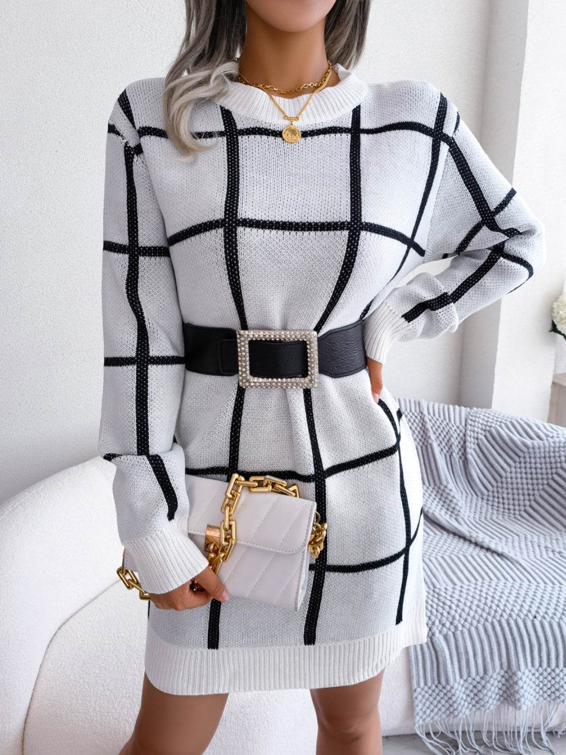 Plaid Round Neck Dropped Shoulder Sweater Dress White for a perfect OOTD – dress to impress outfits from Amexza