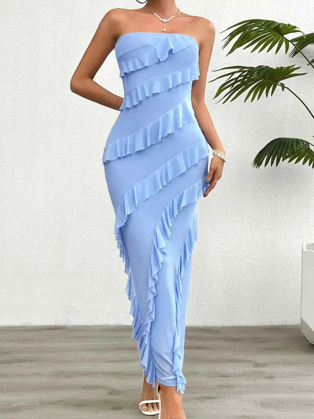 Devine Ruffled Slit Back Tube Maxi Dress