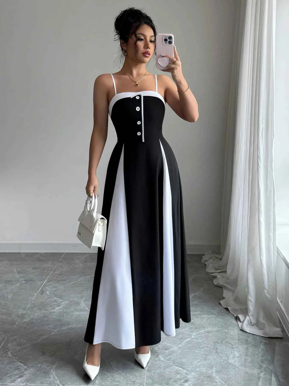 Decorative Button Contrast Maxi Cami Dress