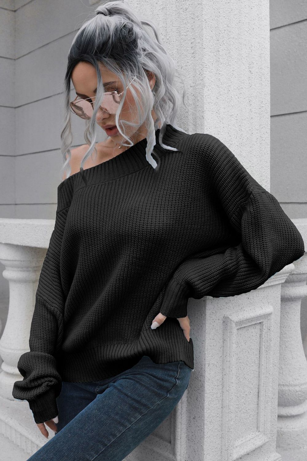 Off-Shoulder Ribbed Long Sleeve Pullover Sweater for a perfect OOTD – dress to impress outfits from Amexza